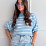 Sweter damski w paski rękaw 3/4 Błękitny – Strielle 4