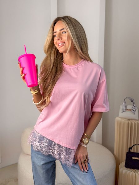 Bluzka z koronkowym wykończeniem po skosie Różowy – Diagonal Lace 1