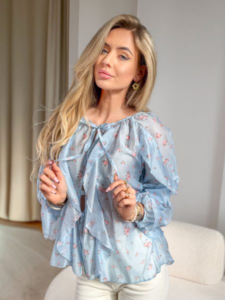 Bluzka damska w kwiaty z wiązaniem Błękitny – Tiefloria 1
