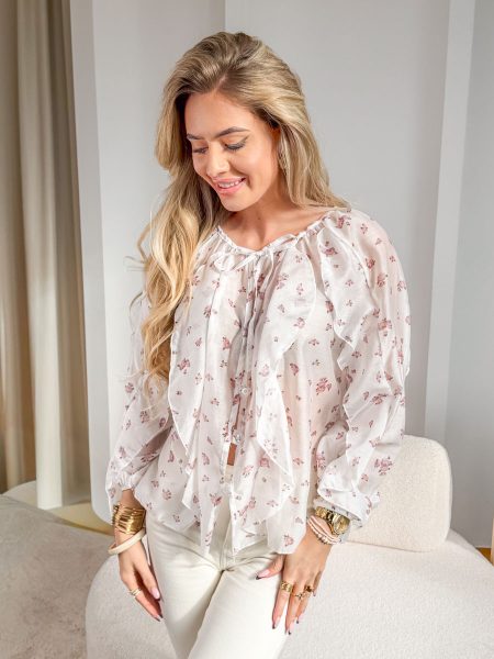 Bluzka damska w kwiaty z wiązaniem Biały – Tiefloria 1
