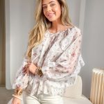 Bluzka damska w kwiaty z wiązaniem Biały – Tiefloria 3