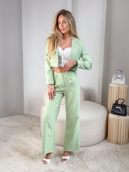 Komplet damski marynarka krótka + eleganckie spodnie Pistacjowy – Classira 1