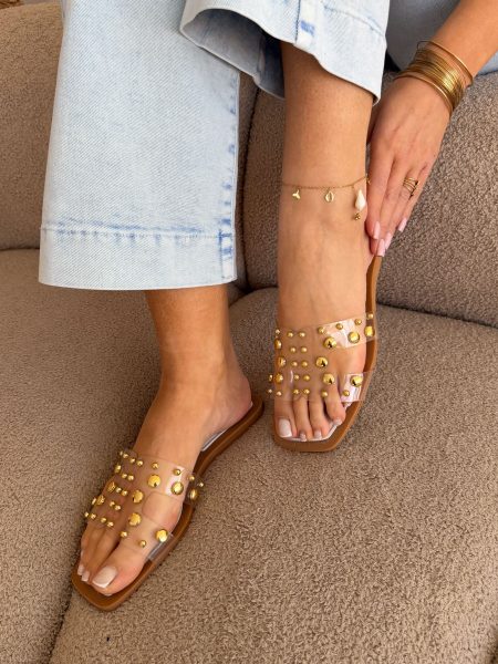 Klapki transparentne płaskie z dżetami Białe – Clearlisse 4