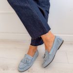 Mokasyny zamszowe z ozdobnymi frędzlami Błękitne – Franjela 3