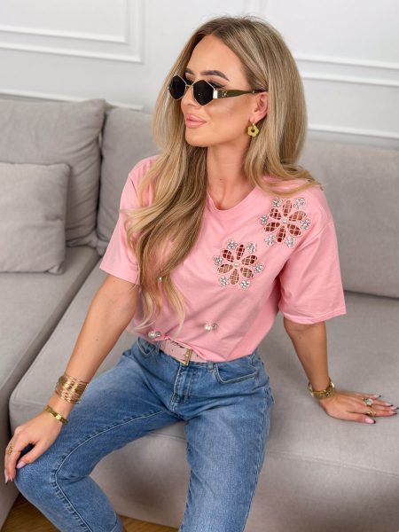 Bluzka z kwiatowymi aplikacjami Różowy – Floral Whisper 1
