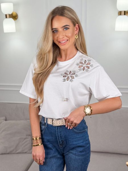 Bluzka z kwiatowymi aplikacjami Biały – Floral Whisper 1