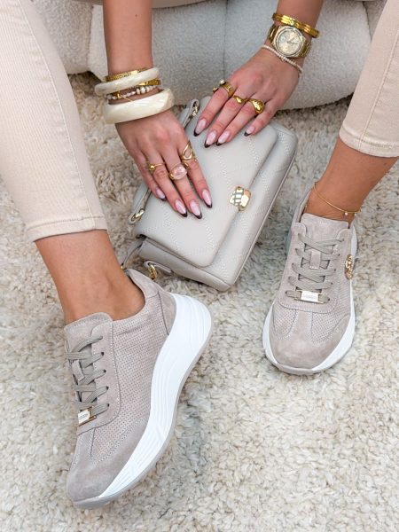 Sneakersy ze skóry naturalnej na platformie Beżowe – Elevia 1