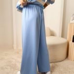 Komplet damski: bluza w paski + spodnie rozkloszowane Błękitny– Linevera 5