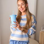 Komplet damski: bluza w paski + spodnie rozkloszowane Błękitny– Linevera 3