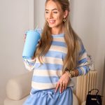 Komplet damski: bluza w paski + spodnie rozkloszowane Błękitny– Linevera 2