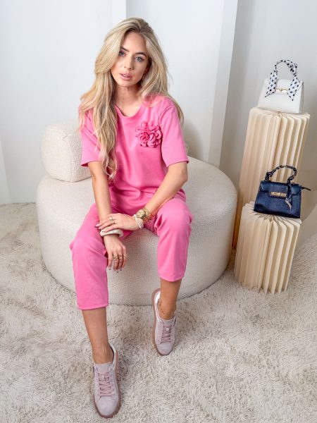 Komplet damski z dekoltem łódka + aplikacją róży Różowy – Floréline 1