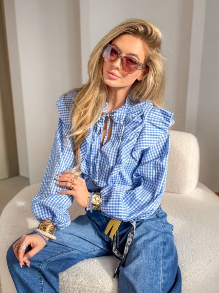 Bluzka koszulowa w kratkę z żabotem Błękitny – Ruffle Check 1