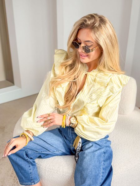 Bluzka koszulowa w kratkę z żabotem Żółty – Ruffle Check 1