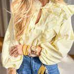 Bluzka koszulowa w kratkę z żabotem Żółty – Ruffle Check 6