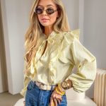 Bluzka koszulowa w kratkę z żabotem Żółty – Ruffle Check 4