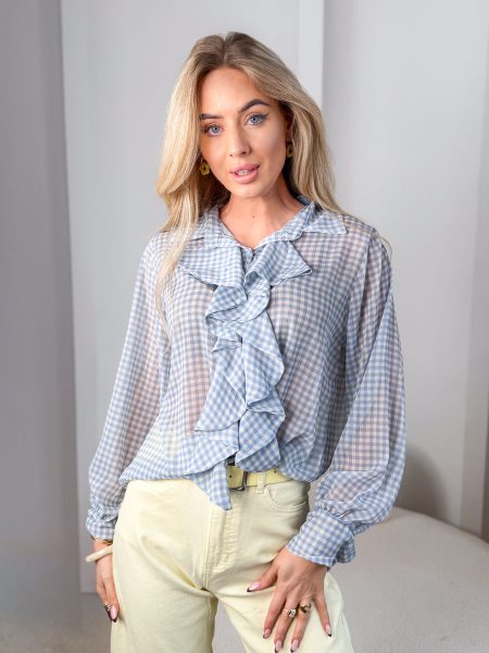 Bluzka koszulowa z żabotem i falbanami Błękitny – Raffiné 1