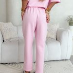 Komplet z wiskozy: podwinięte spodnie i bluzka z kokardkami Pudrowy – Viscobella Set 4 5