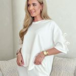 Komplet z wiskozy: podwinięte spodnie i bluzka z kokardkami Śmietankowy – Viscobella Set 4