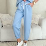 Komplet z wiskozy: spodnie ze ściągaczami i bluza z pasami Błękitny – Viscoline Set 5