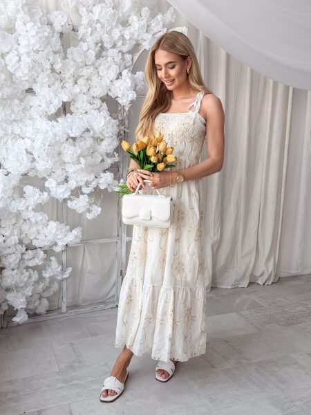 Sukienka maxi z haftem i górą bandeau Biała – Maximbra 1