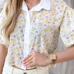 Koszula damska haftowana z bufiastymi rękawami Żółta – Puffella 4