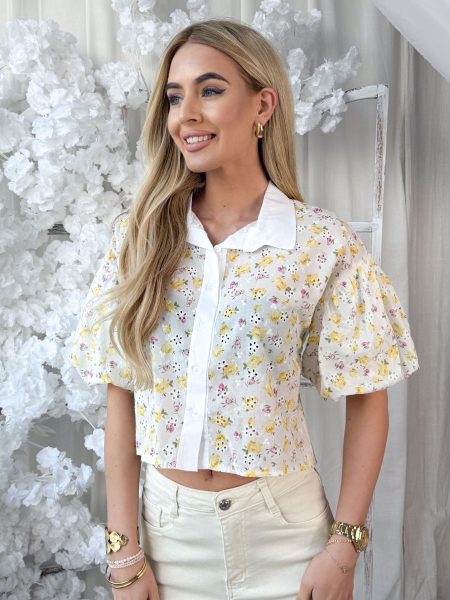 Koszula damska haftowana z bufiastymi rękawami Żółta – Puffella 1