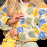 Kurtka wełniana w kwiaty ze stójką Niebieska – Woolflora 2