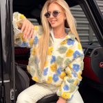 Kurtka wełniana w kwiaty ze stójką Niebieska – Woolflora 1