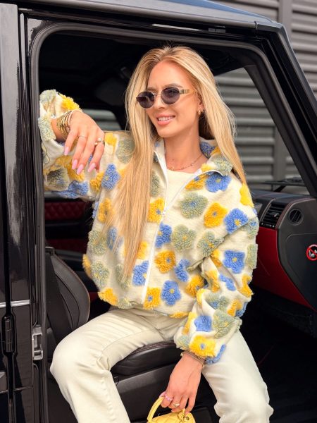 Kurtka wełniana w kwiaty ze stójką Niebieska – Woolflora 1