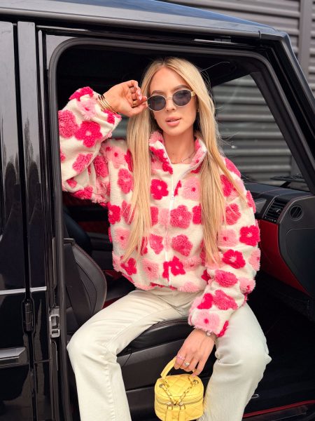 Kurtka wełniana w kwiaty ze stójką Fuksjowa – Woolflora 1