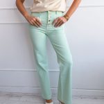 Spodnie jeansowe z ozdobnymi guzikami i kieszeniami Miętowe – Buttonique 1