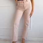 Spodnie jeansowe z plecioną aplikacją w pasie Pudrowe – Braidella 3