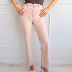 Spodnie jeansowe z plecioną aplikacją w pasie Pudrowe – Braidella 1