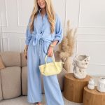 Komplet damski bawełniany: koszula i luźne spodnie Błękitny – Cotelle Set 1