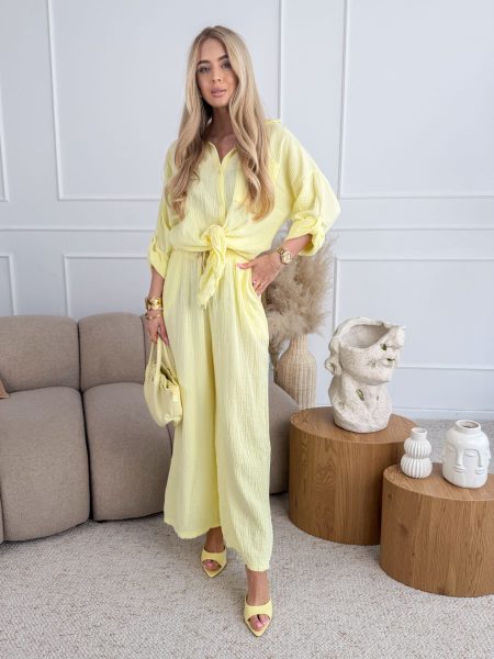 Komplet damski bawełniany: koszula i luźne spodnie Żółty – Cotelle Set 1