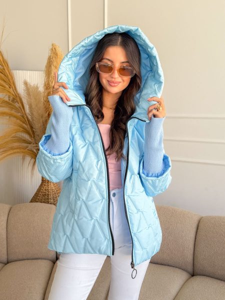 Kurtka pikowana z dzianinowymi rękawami Błękitna – Quilnara 1