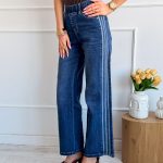 Jeansy damskie na gumce z paskami po bokach – Sideflex 1
