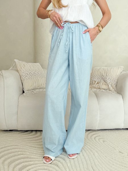 Spodnie damskie z lnu i bawełny Błękitne – Linora Pants 1