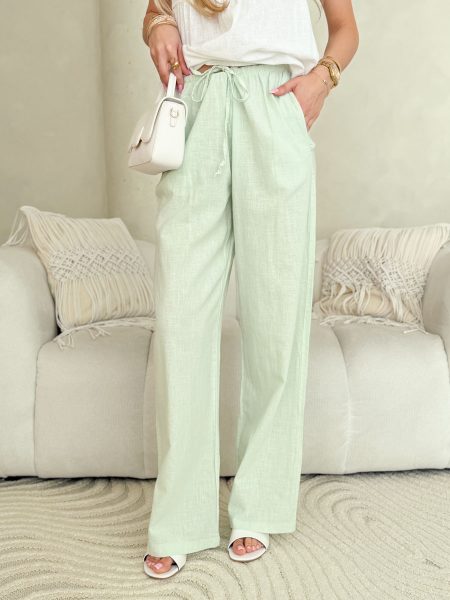 Spodnie damskie z lnu i bawełny Pistacjowe – Linora Pants 1