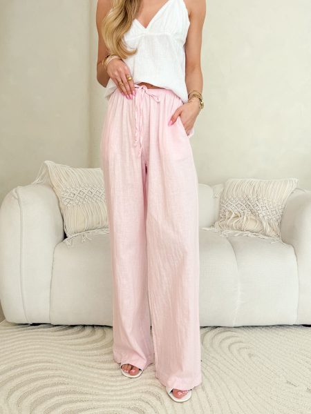 Spodnie damskie z lnu i bawełny Pudrowe – Linora Pants 1