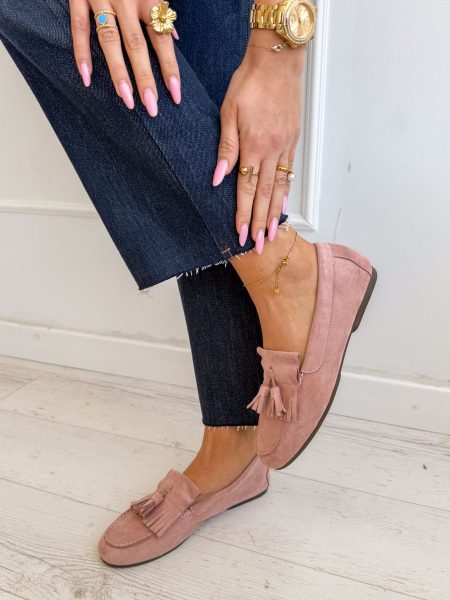 Mokasyny zamszowe z ozdobnymi frędzlami Pudrowe – Franjela 3