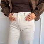 Spodnie jeansowe z koronkowym wykończeniem pasa Beżowe – Waistlina 5