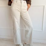 Spodnie jeansowe z koronkowym wykończeniem pasa Beżowe – Waistlina 2