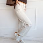 Spodnie jeansowe z koronkowym wykończeniem pasa Beżowe – Waistlina 3