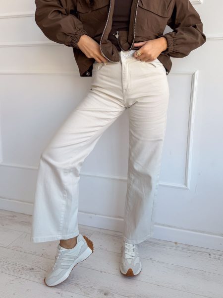 Spodnie jeansowe z koronkowym wykończeniem pasa Beżowe – Waistlina 1