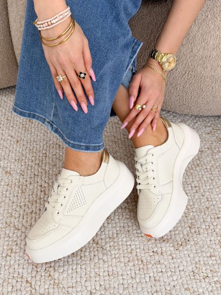 Skórzane sneakersy na grubej podeszwie Beżowe – Boldoria 1