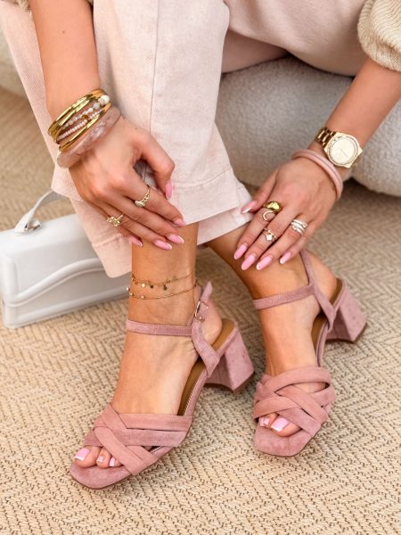 Sandały zamszowe na niskim obcasie Pudrowy – Veloura Heel 1