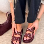 Klapki zamszowe z klamrami i dżetami Bordowe – Suede Glow 5