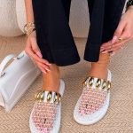 Klapki z siateczki ze złotymi ozdobami Biały – Mesh Gold 4