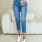 Spodnie jeansowe mom fit z przetarciami Jeansowy – Wornelle 2